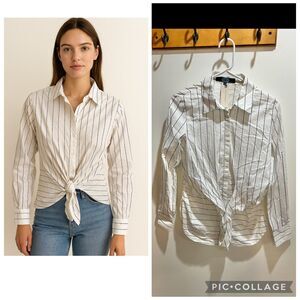 Anthropologie Striped Self Tie Button Down Shirt Minimalist Preppy Office Small
